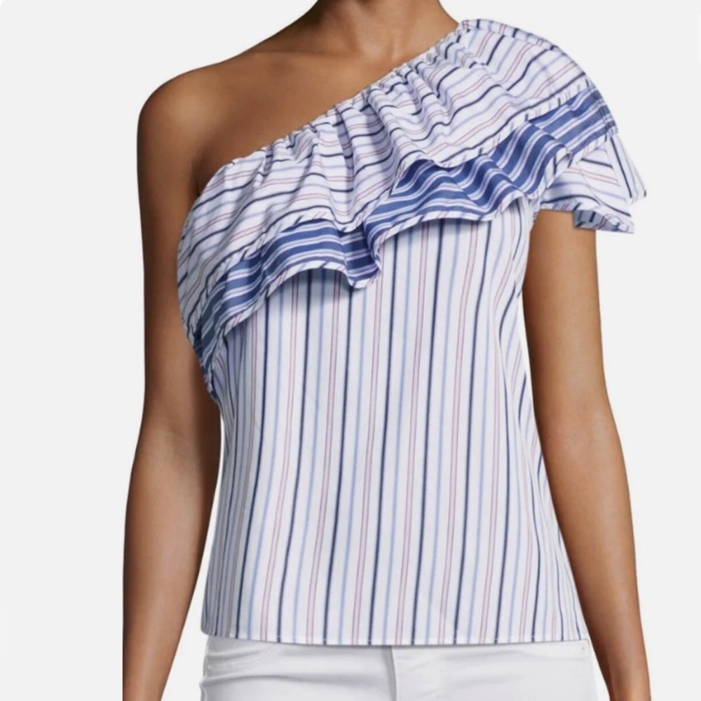 Parker asymmetrical one shoulder striped ruffle statement top S